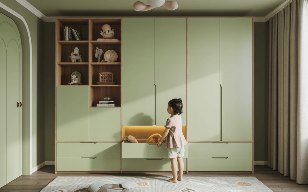 Chic simple kids bedroom cupboard designs with open shelves and toy storage