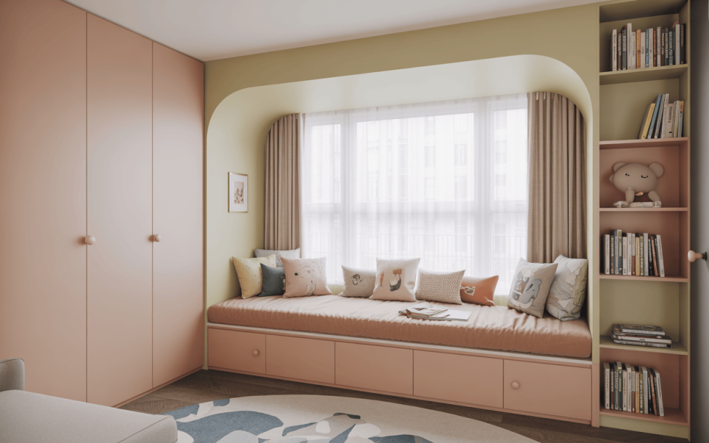Cozy nook with simple kids bedroom cupboard designs and pastel reading corner