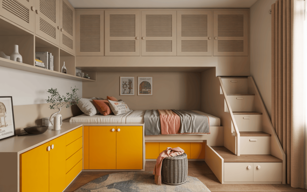 Compact kids bedroom cupboard designs for small rooms with bed and book shelves
