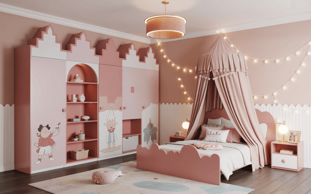 Whimsical stylish kids bedroom cupboard designs with storybook-inspired decor