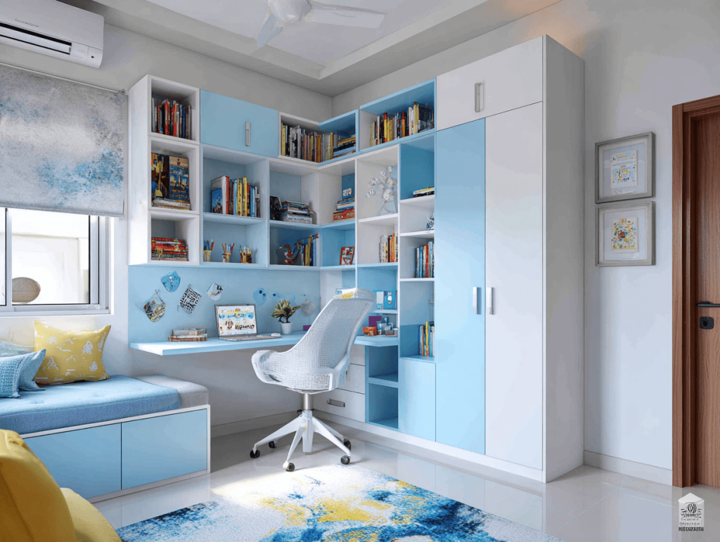 Smart modern kids bedroom cupboard designs with bookshelves and study space