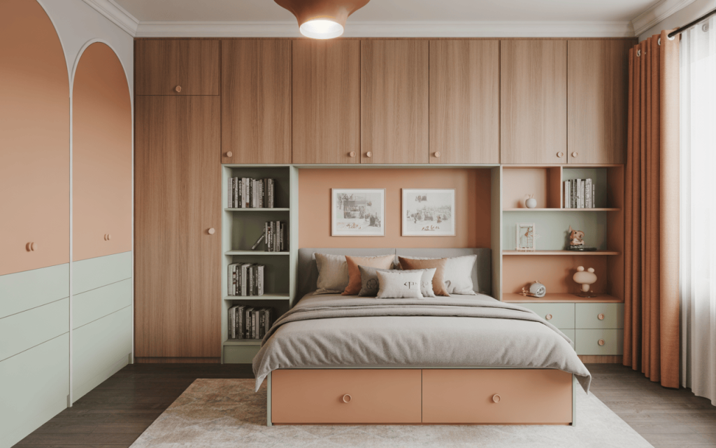 Elegant wooden kids bedroom cupboard designs with pastel drawers and open shelves