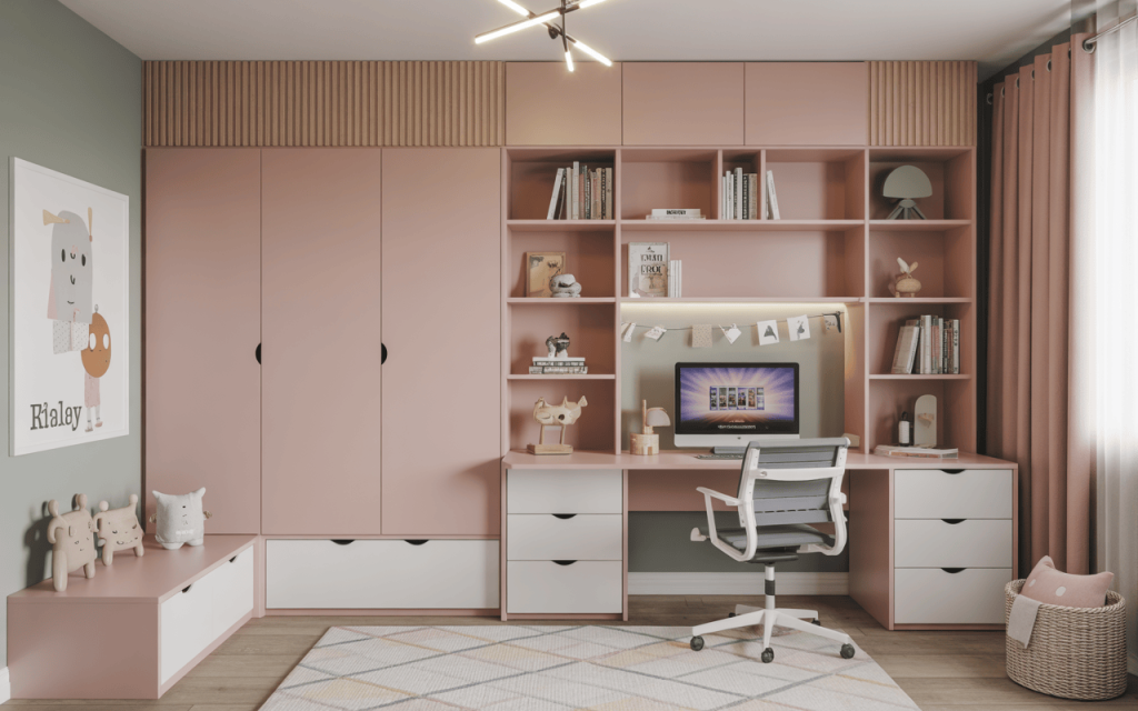 Chic modern study table design for kids bedroom with open bookshelves and decor