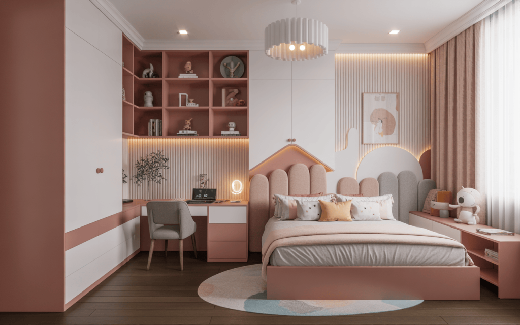 Chic modern study table design for kids bedroom with books and ambient lighting