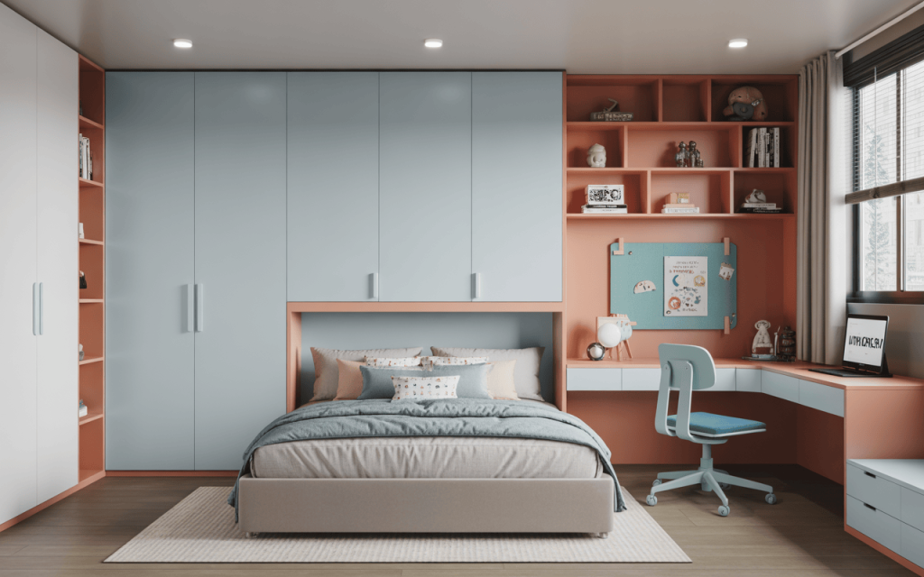 Vibrant modern study table design for kids bedroom with shelves and books