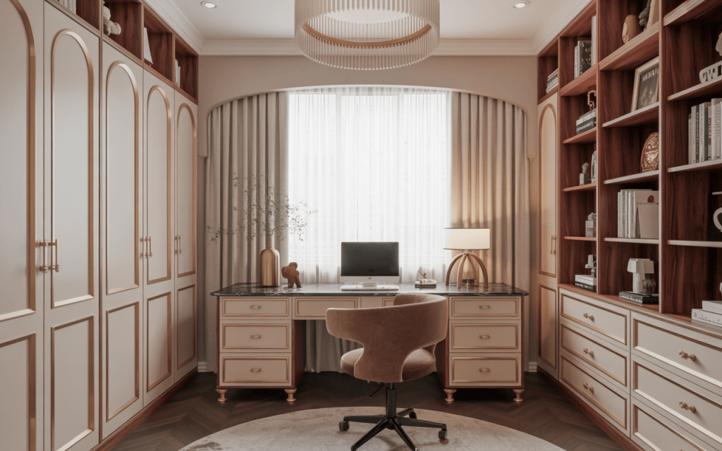 Elegant luxury study table design for kids bedroom with book-filled storage walls