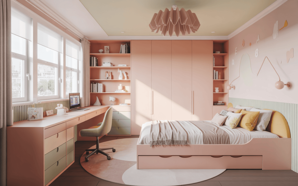 Modern study table design for kids bedroom with books and soft pastel shelves