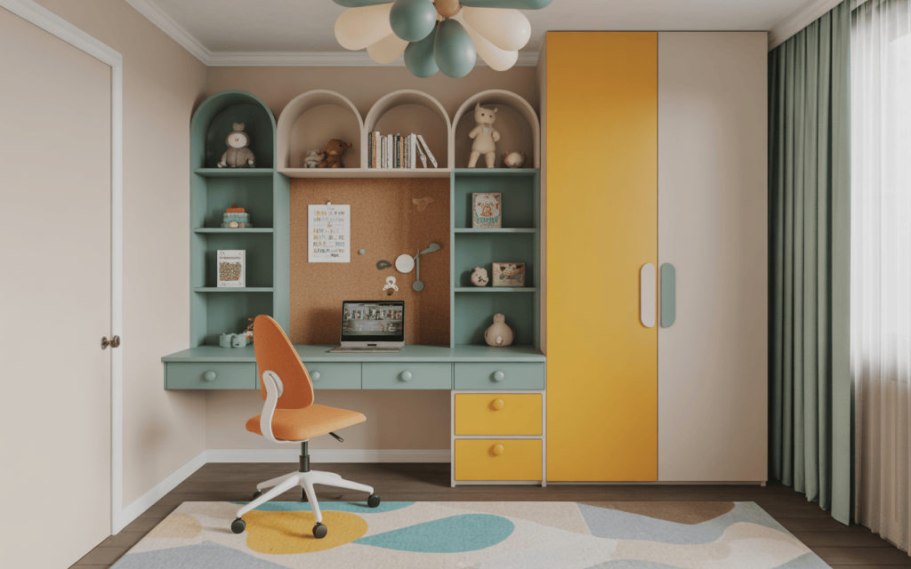 Colorful corner study table design for kids bedroom with books and cute toys
