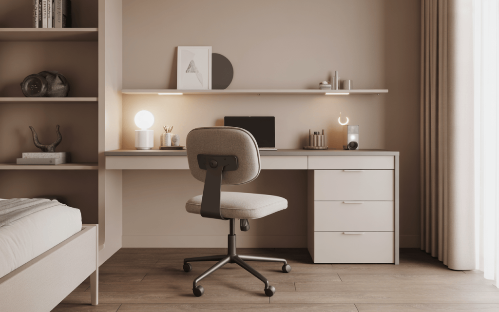 Elegant simple study table design for kids bedroom with neutral decor and books