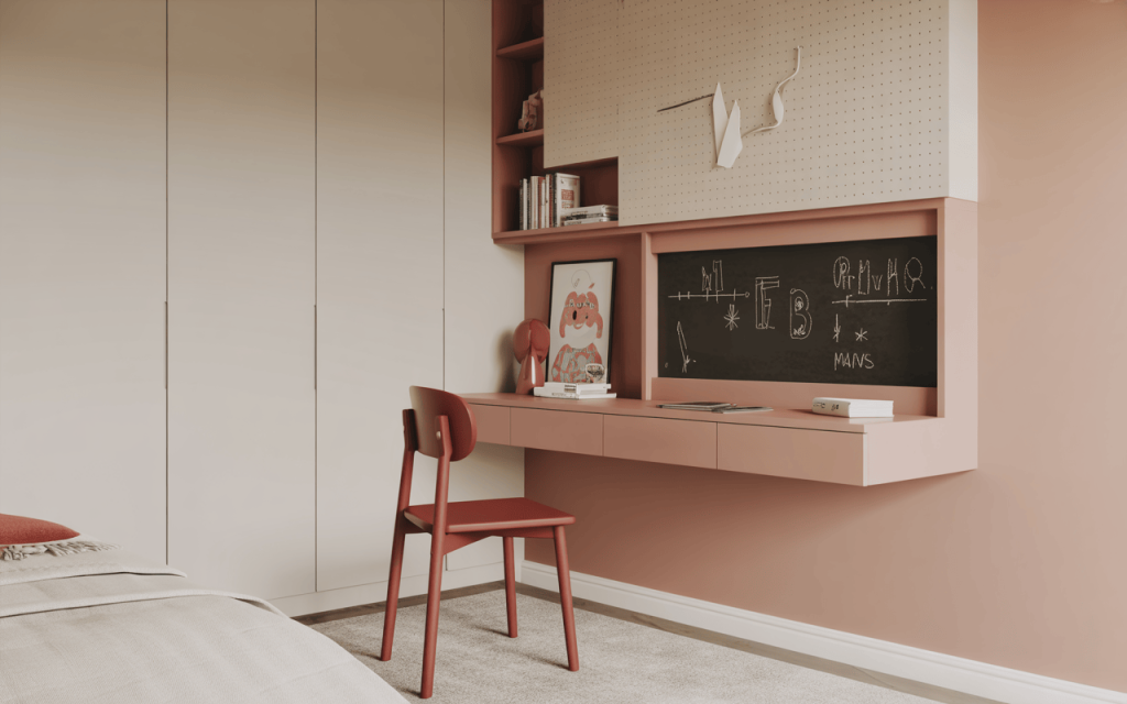 Minimal wall mounted study table design for kids bedroom with chalkboard area