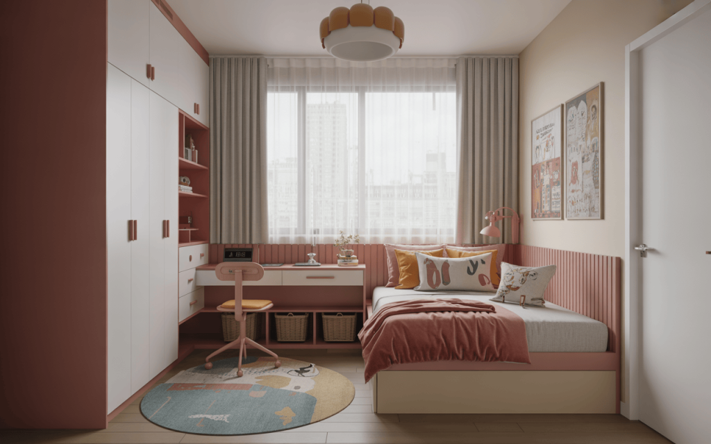 Cozy small study table design for kids bedroom with books and organized baskets