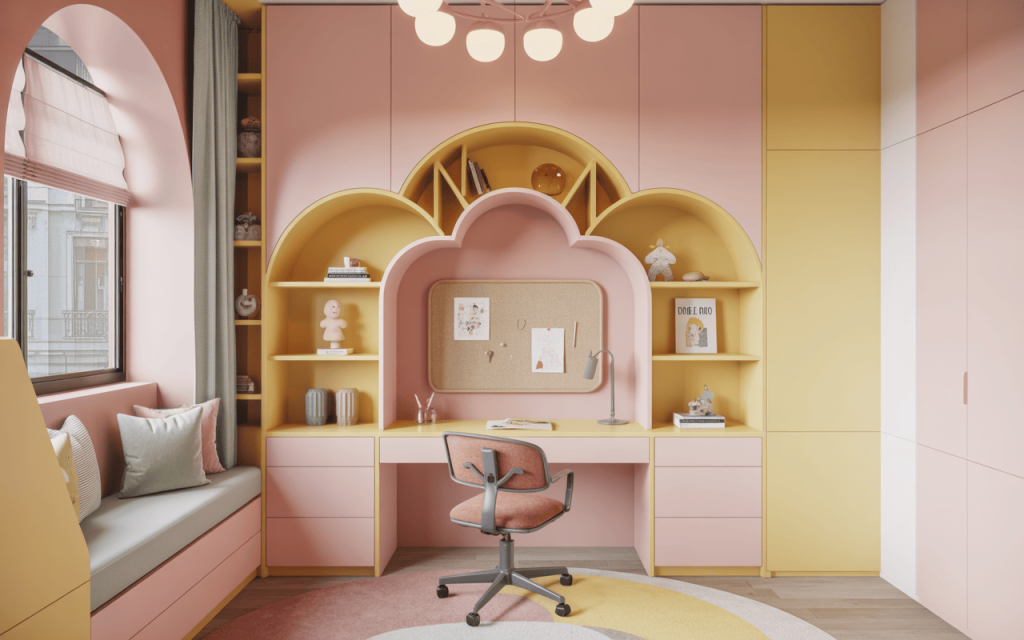 Creative stylish study table design for kids bedroom with arched bookshelf unit