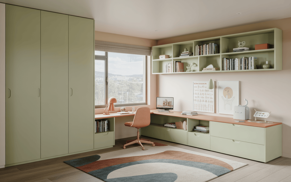 Organized corner study table design for kids bedroom with books and storage