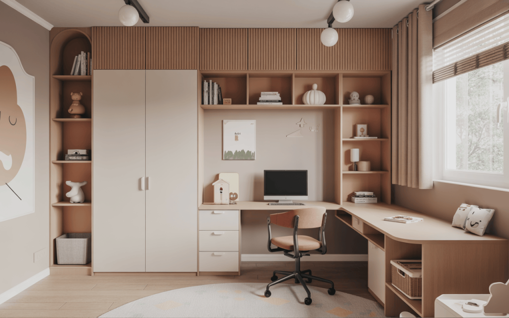 Elegant corner study table design for kids bedroom with books and soft lighting