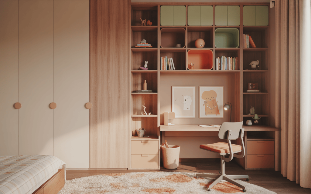 Neat wooden study table design for kids bedroom with books and soft toy shelves