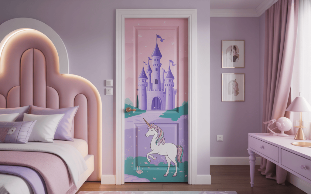 Enchanting creative kids bedroom door design with unicorn and dreamy castle theme