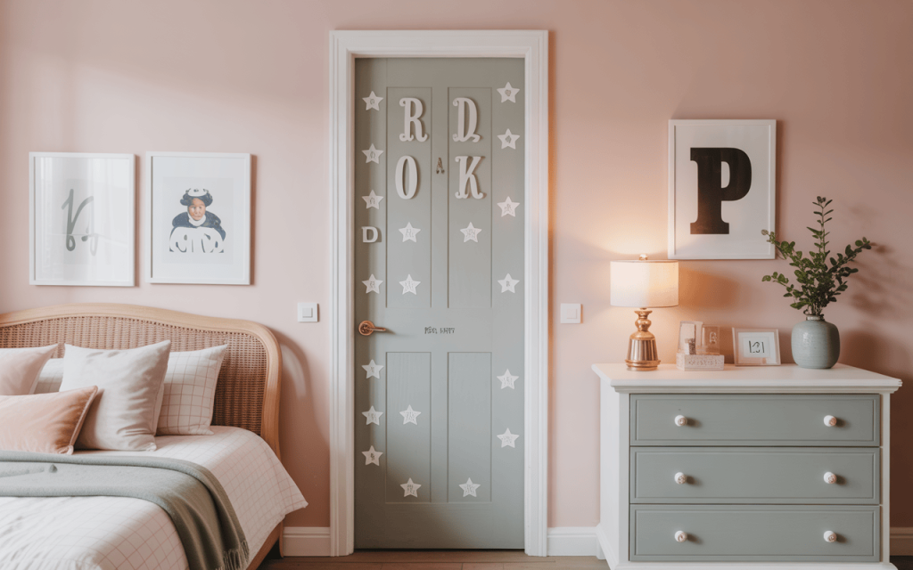 Chic stylish kids bedroom door design with pastel colors and star letter decorations