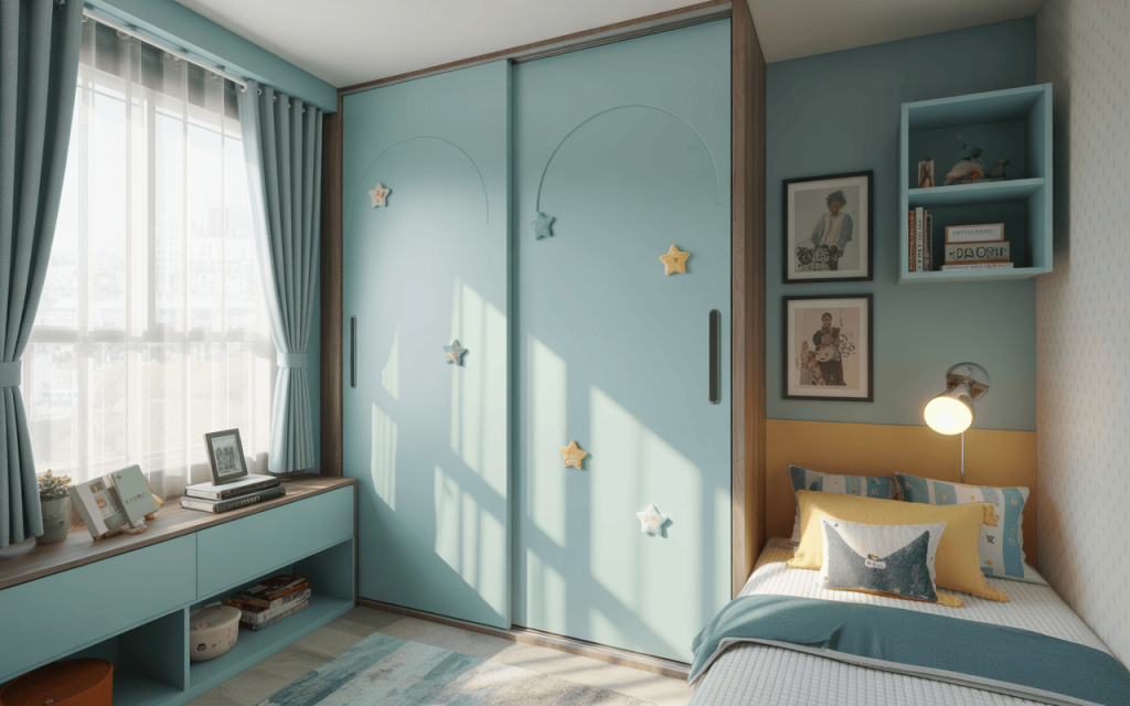 Chic kids bedroom door design for small rooms with sliding star-decorated panels