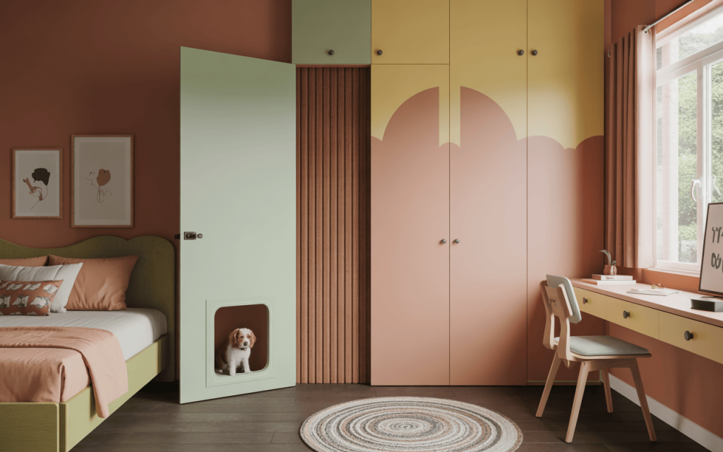 Unique creative kids bedroom door design with pastel tones and built-in pet nook