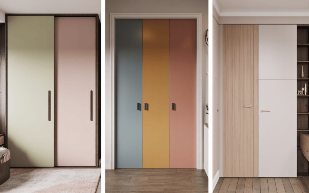 Trio of modern kids bedroom door design styles with bold color block aesthetics