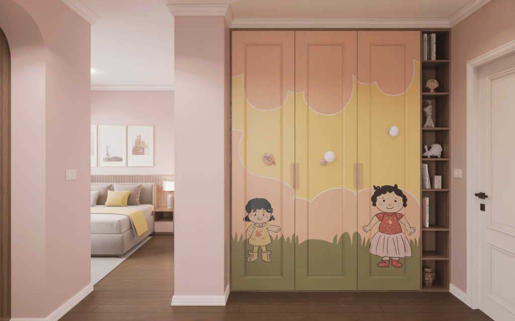 Playful modern kids bedroom door design with cartoon art and creative handles
