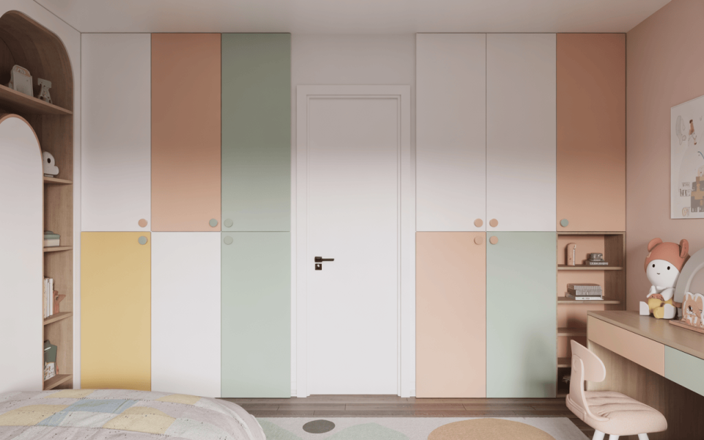 Neat kids bedroom door design for small rooms with soft pastel modular cabinets