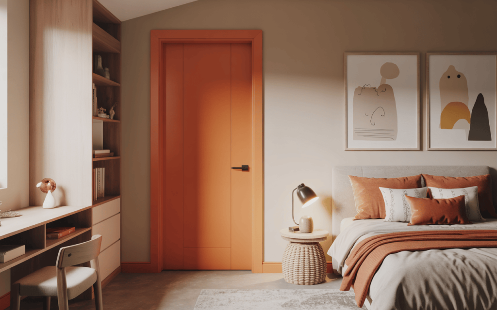 Trendy latest kids bedroom door design in bold orange with modern cozy decor