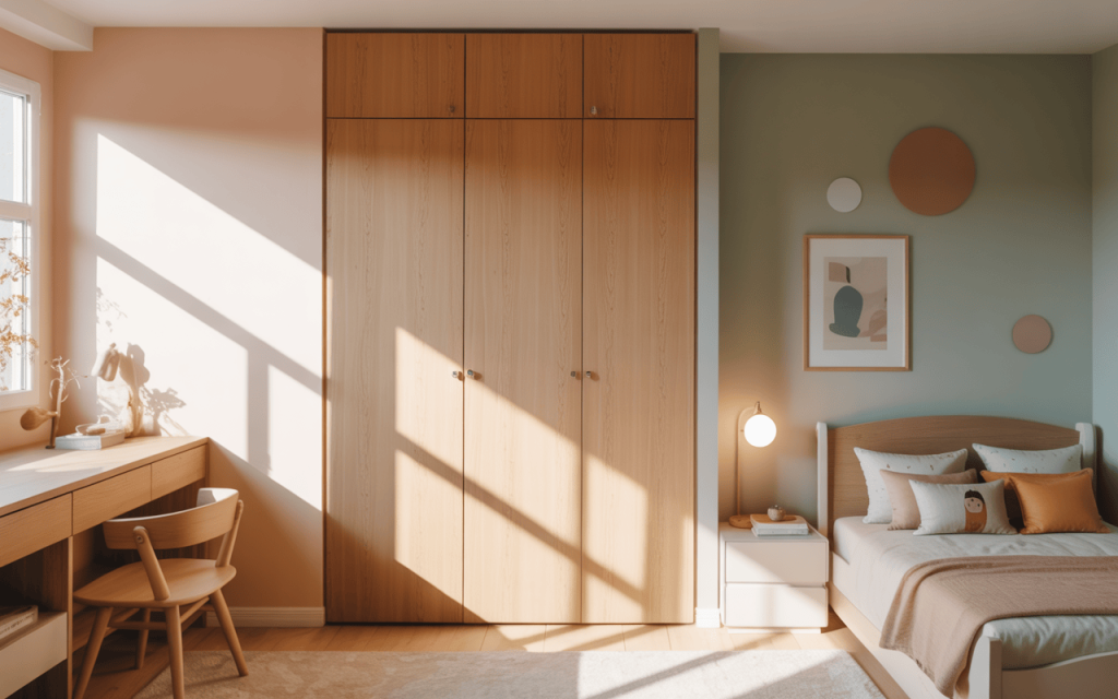 Warm simple kids bedroom door design with natural wood and minimalist style