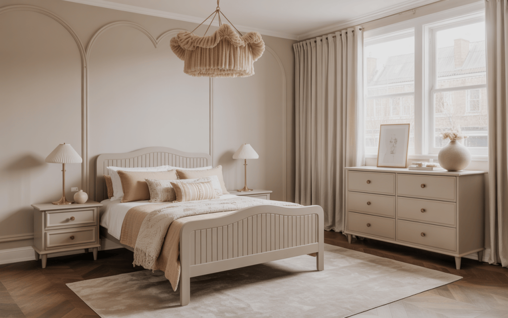 Neutral wooden kids bedroom furniture ideas in elegant classic style decor