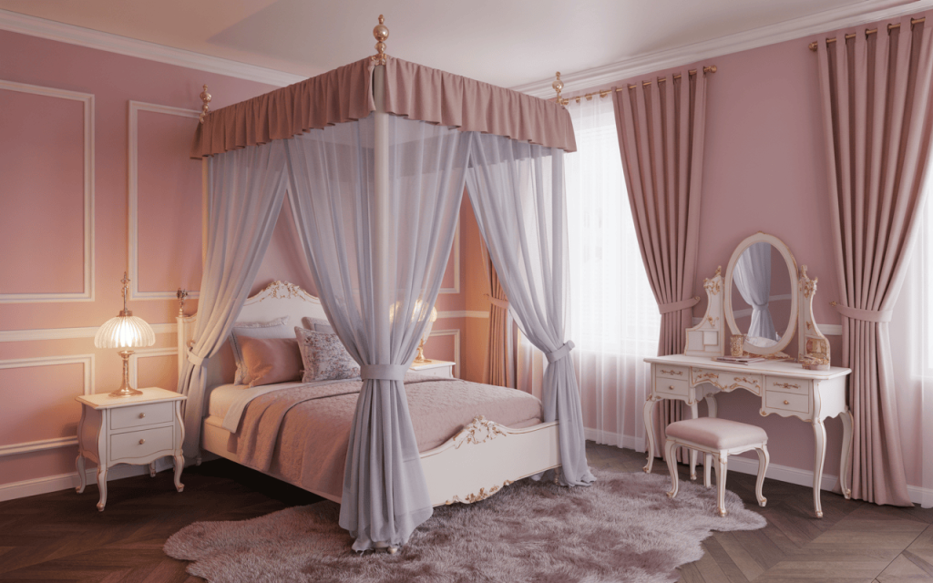Charming kids bedroom furniture ideas for girls with canopy bed and vanity