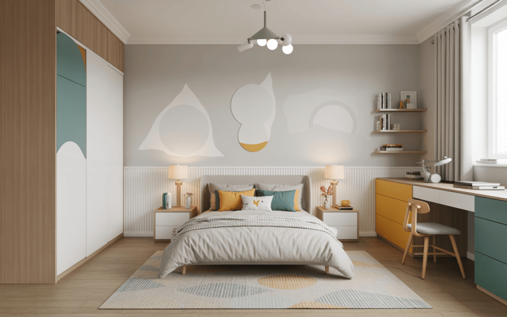 Bright modern kids bedroom furniture ideas with geometric wall and dual-tone desk