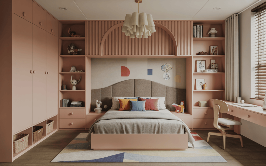 Chic kids bedroom furniture ideas with built-in study and storage