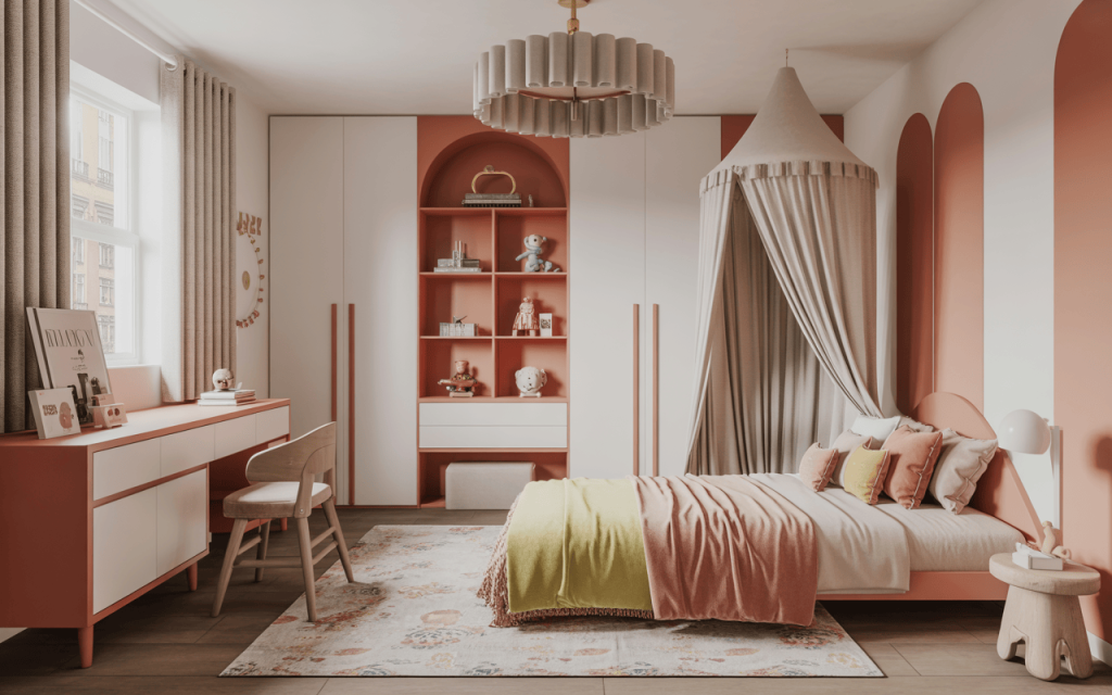 Chic modern kids bedroom furniture design with canopy bed and built-in storage