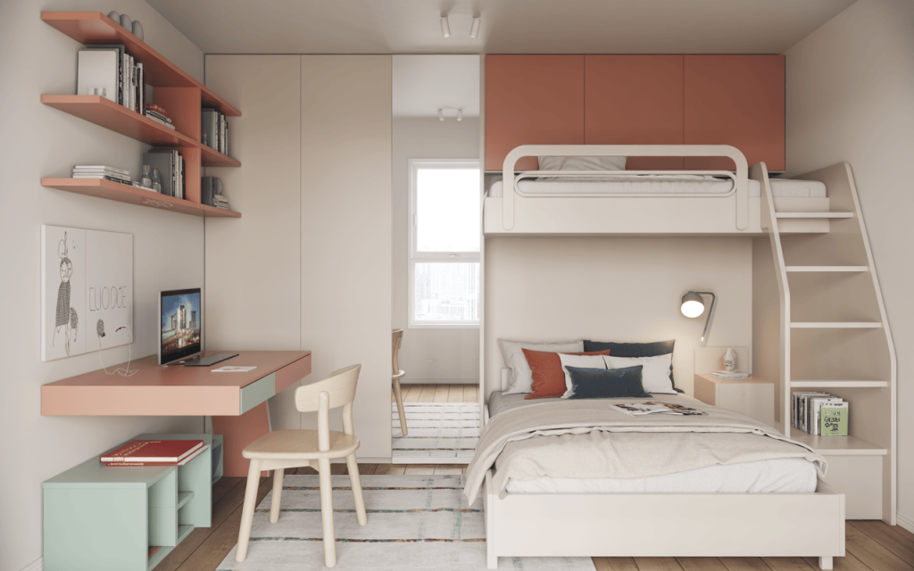 Minimal space saving kids bedroom furniture ideas with smart bunk layout