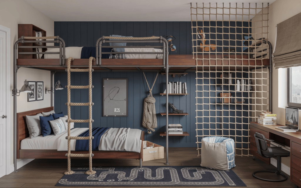 Adventure-themed kids bedroom furniture ideas for boys with bunk and ladder