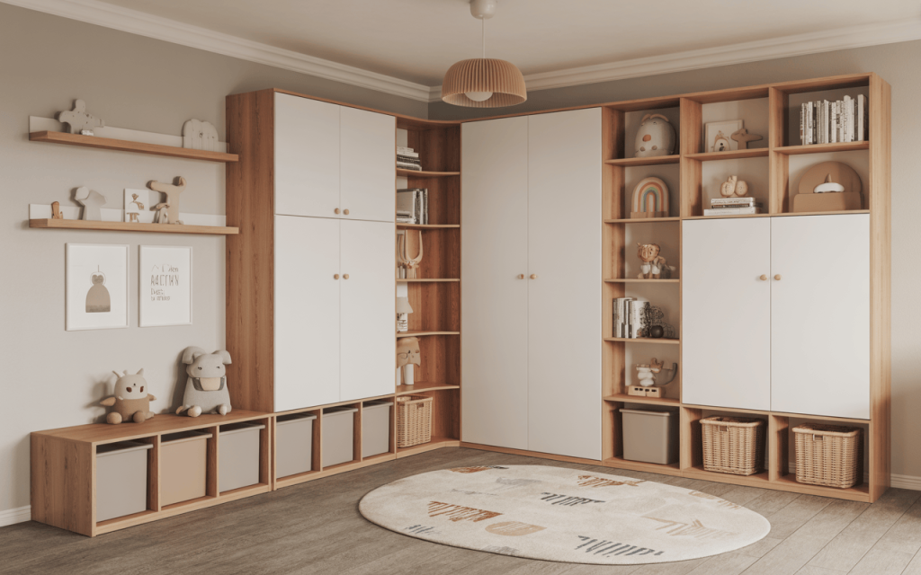 Minimal wooden kids bedroom furniture ideas with toy and book storage setup