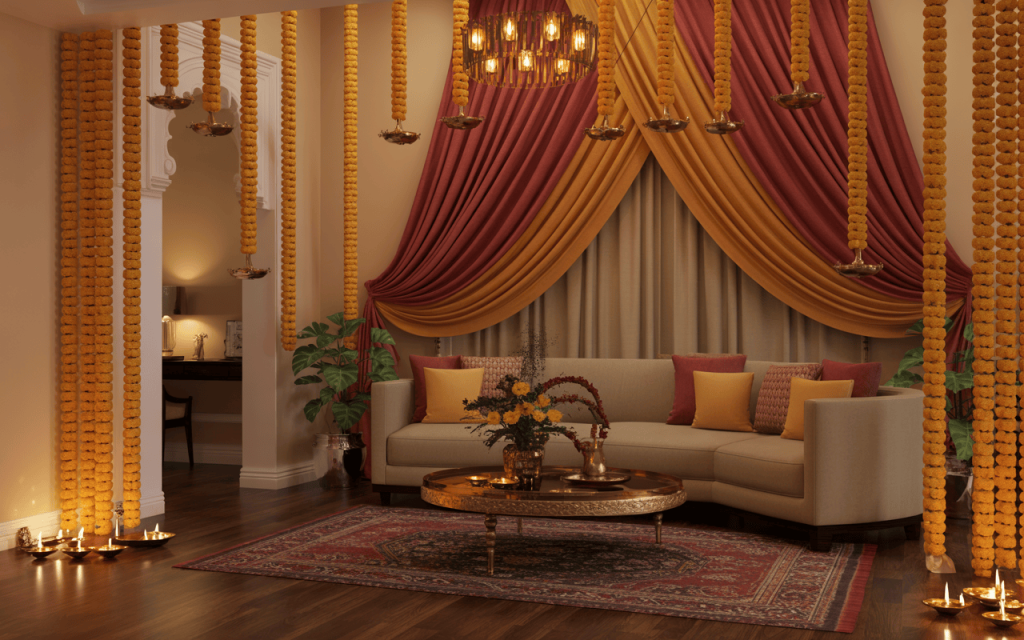 Elegant traditional Dussehra decoration ideas with marigold garlands and diyas