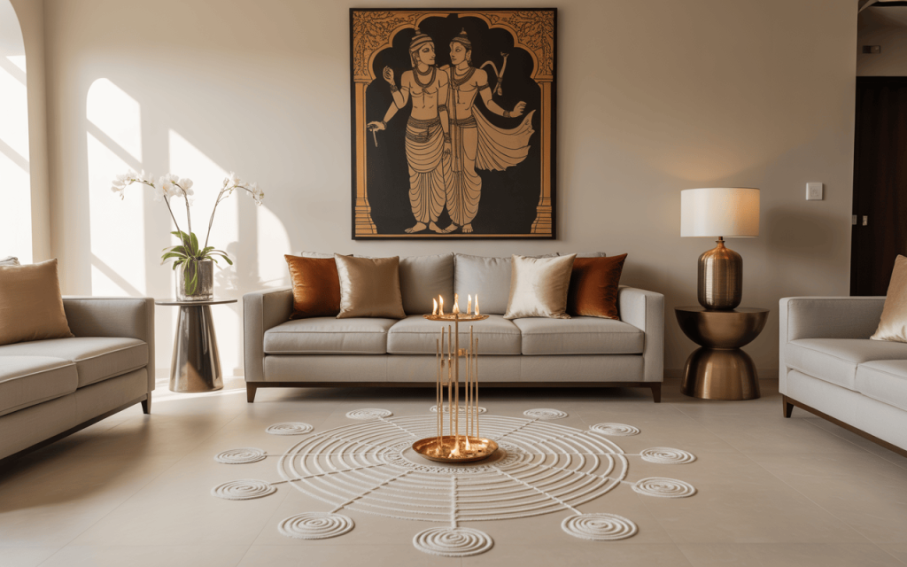 Elegant modern Dussehra decoration ideas with white rangoli and copper accents