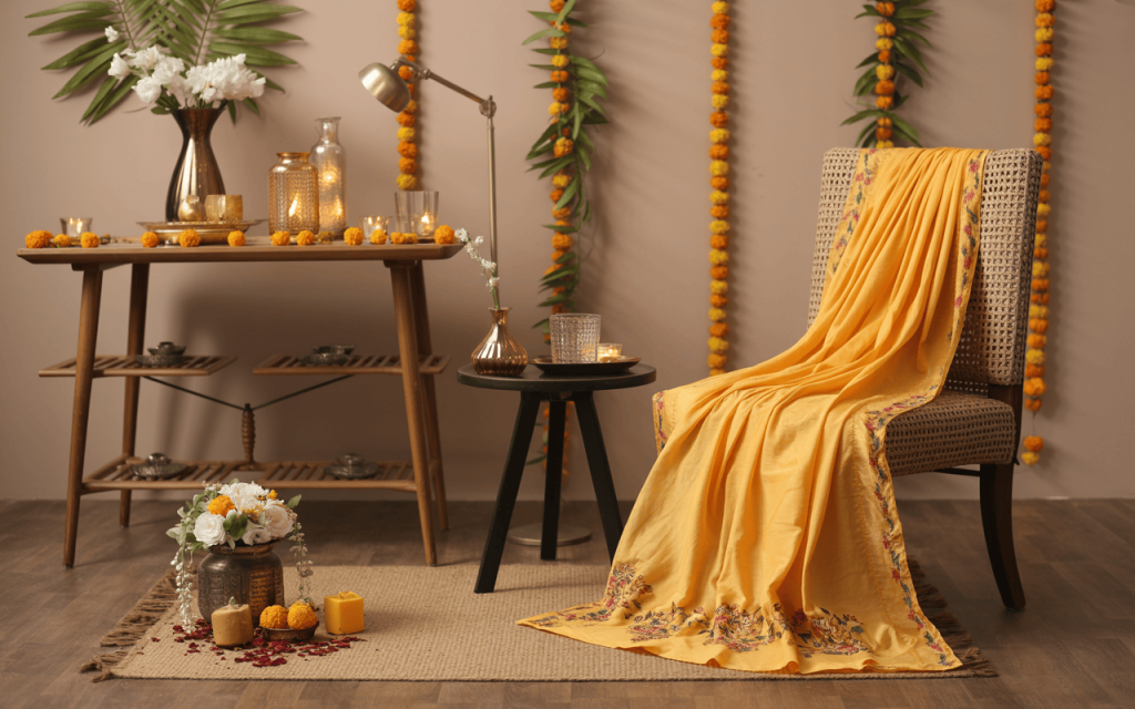 Elegant simple Dussehra decoration ideas with marigold garlands and candles