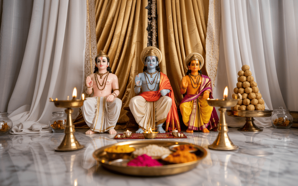 Sacred Dussehra decoration ideas for home temple with Ram Darbar idols and diyas