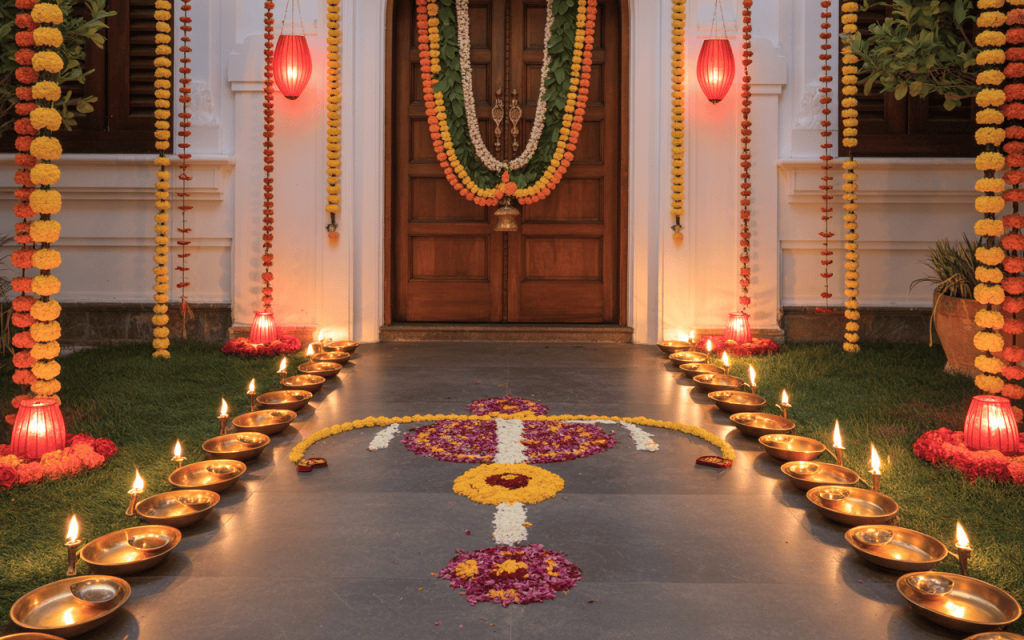 Vibrant Dussehra home decoration ideas with floral rangoli and diya pathway