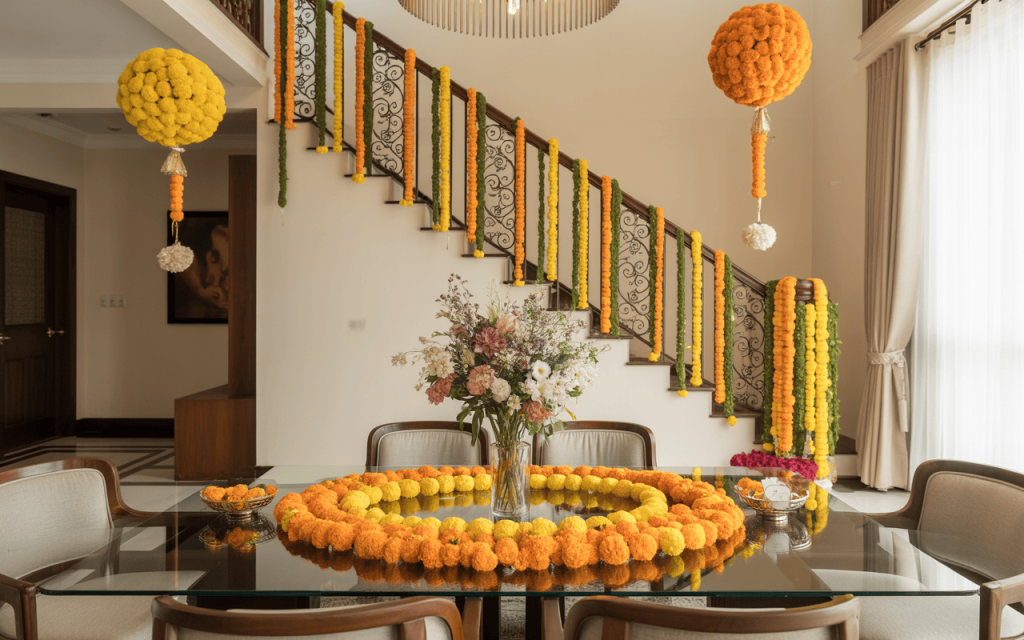 Elegant modern Dussehra decoration ideas for home with marigold garlands