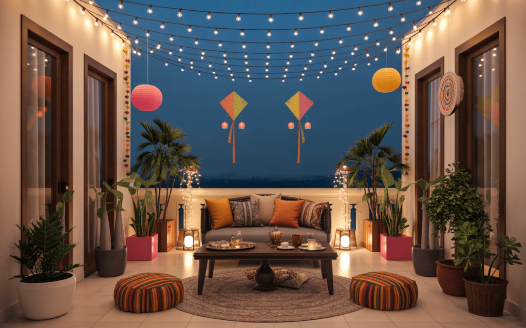 Stylish creative Dussehra decoration ideas for home balcony with lights and kites