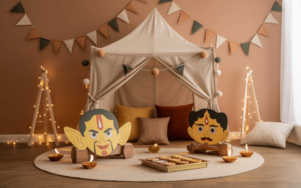 Fun easy Dussehra decoration ideas for home with kids’ tent and Ravana cut-outs