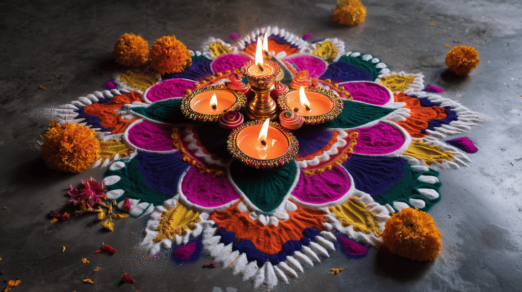 Vibrant creative Dussehra decoration ideas for home using rangoli and diyas