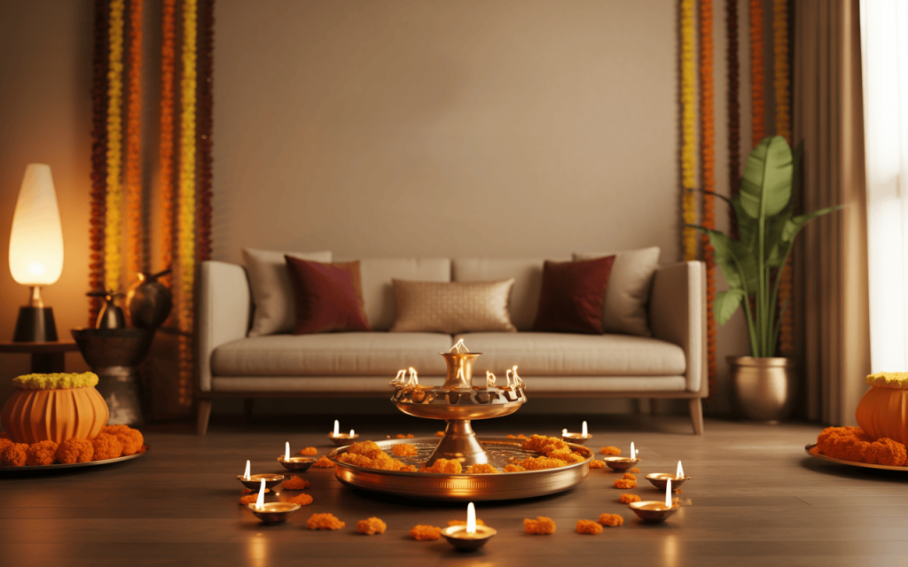 Elegant modern Dussehra decoration ideas for home with diyas and marigolds