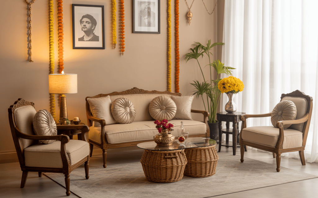 Elegant traditional Dussehra decoration ideas for home with marigold garlands