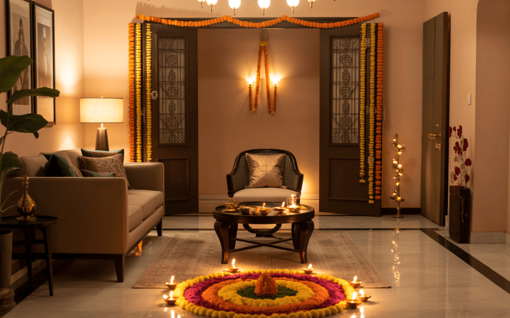 Elegant simple Dussehra decoration ideas for home with lights and rangoli