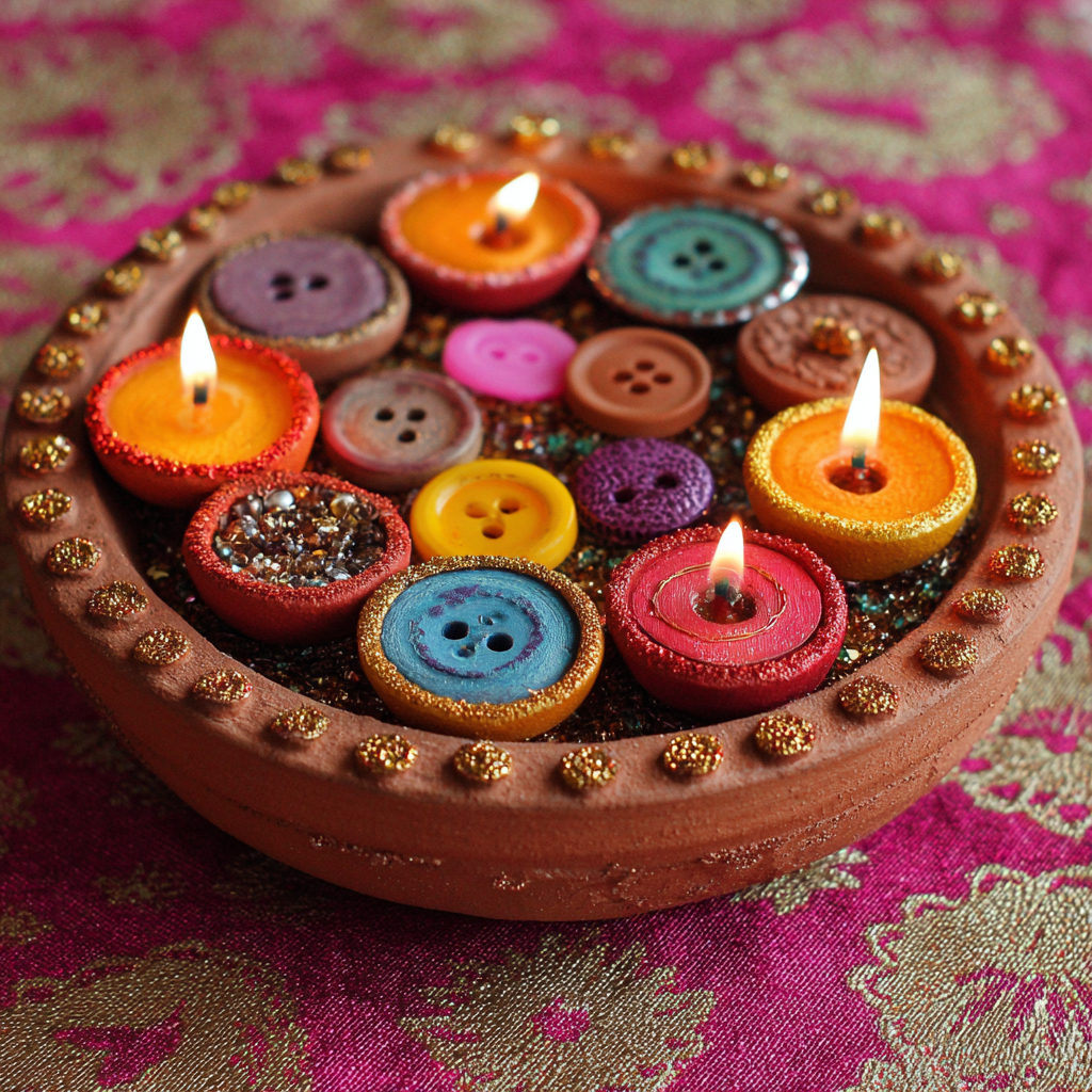 Unique creative Dussehra decoration ideas using colorful diyas and buttons