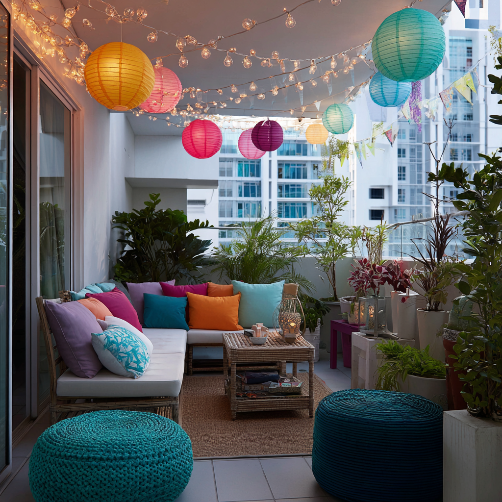 Stylish modern Dussehra decoration ideas for home balcony with lights and cushions